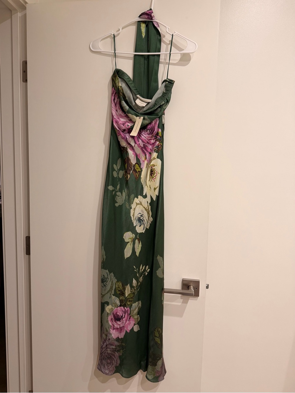 BHLDN Green Floral Halter Maxi Dress with Pink & Cream Blooms